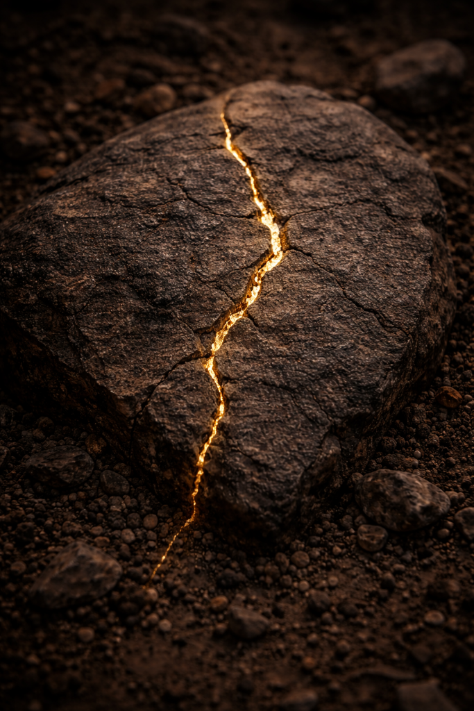 Goldener, kantiger Spalt in einer grauen Steinoberfläche als Symbol für Aufrichtung und Klarheit.