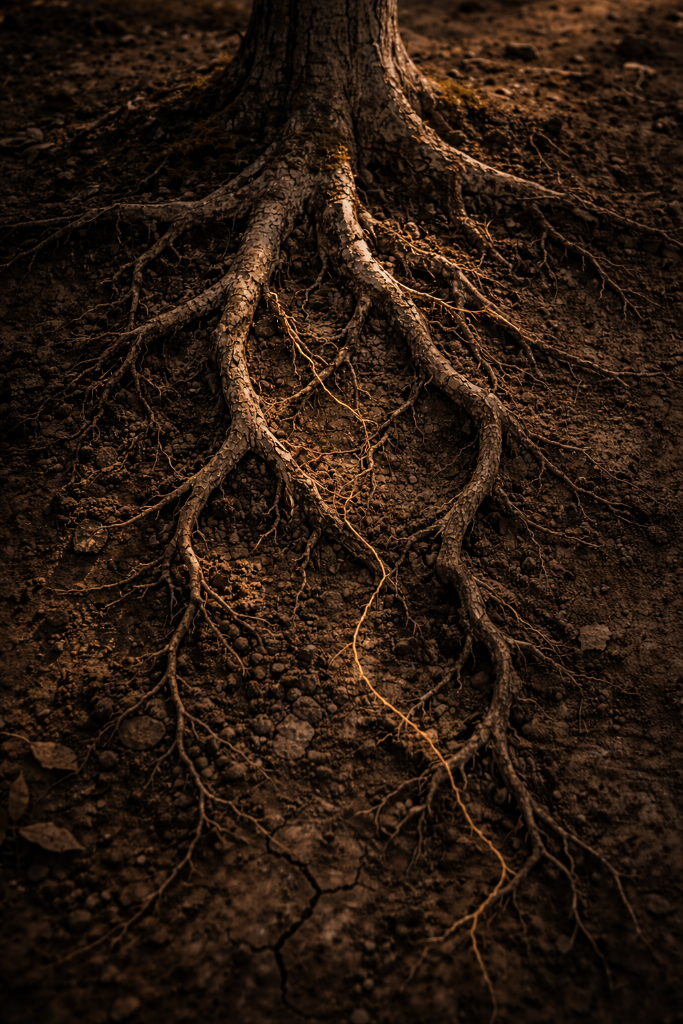 „Freigelegte Wurzeln in dunkler Erde mit feinem Goldfaden – Symbol für Rückverbindung und Würde